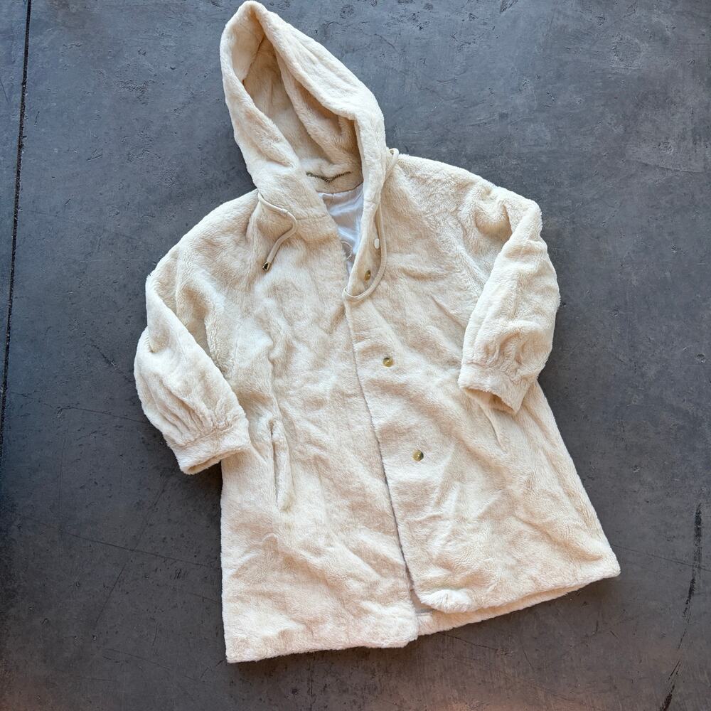 Vintage Alpaca Mohair Fur White Longline Hooded Button Front Women's Coat 12/L